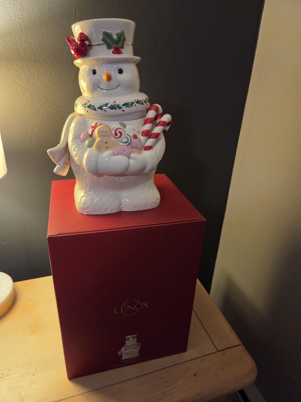 Lenox White Snowman Cookie Jar with Candy Cane Details - Holiday Home Décor